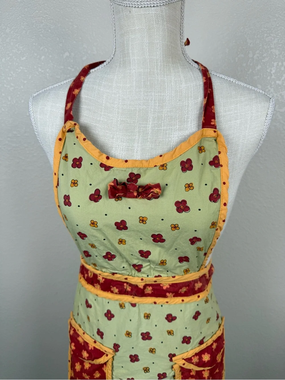 Yellow Floral Apron Dress with Red Accents